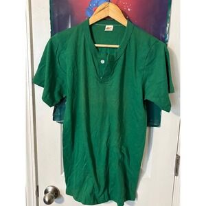 Vintage Russell Athletic Gold Tag Henley Shirt Mens Medium Green Short Sleeve